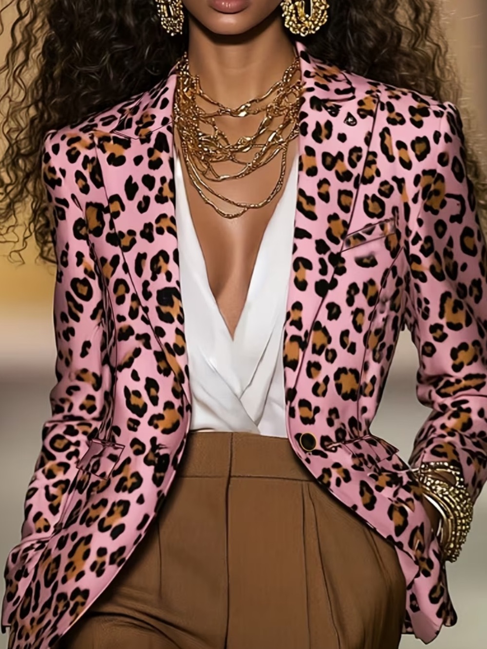 Fortune-Attracting Fashion Urban Elegance Vintage Satin Leopard Print Notched - Picture 1 of 7